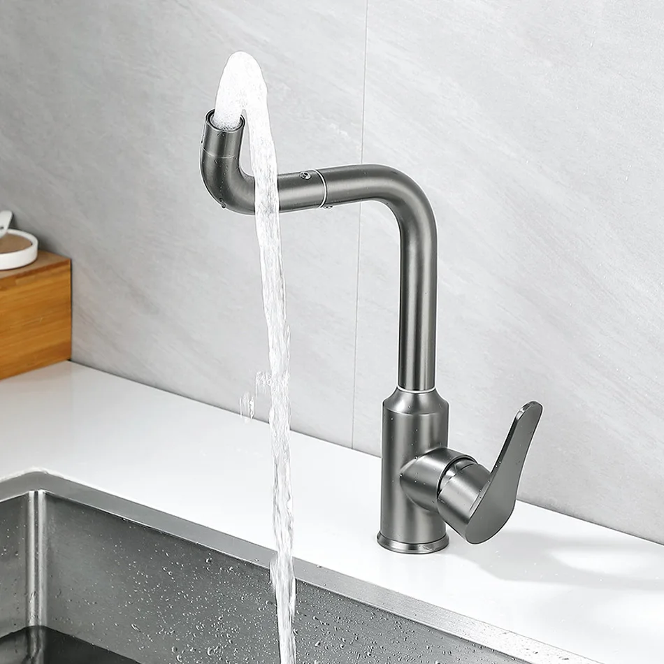 

360° Rotation Kitchen Faucet Grey 304 Stainless Steel Deck Mounted Sinlge Handle Hot and Cold Water Saving Mixer Sink Tap