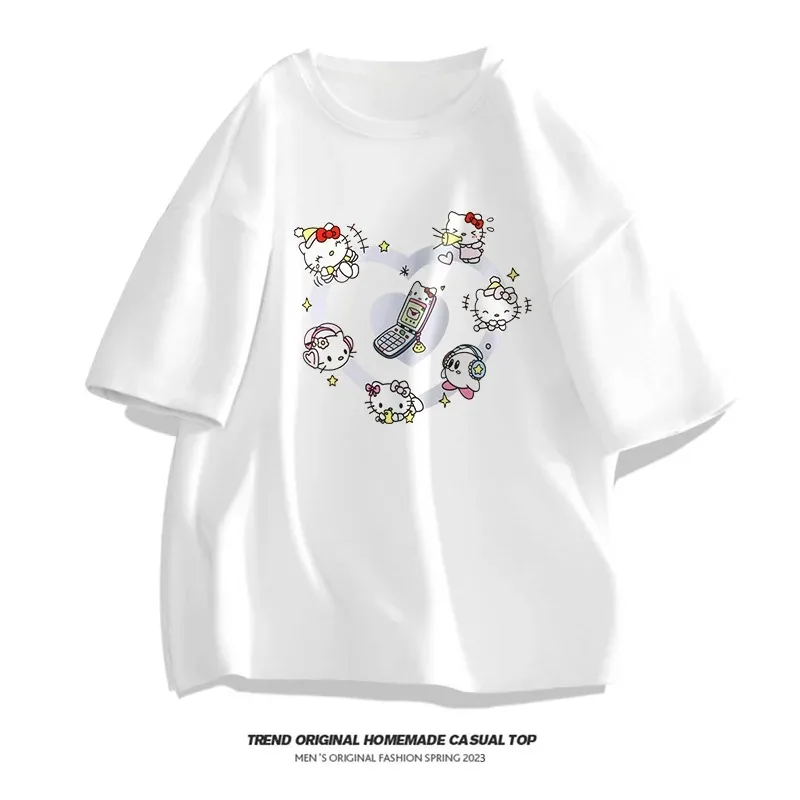 

Cat Hello Kitty Cotton T-shirt Women Couples Cute Printing Trend Tops Oversized Unisex Couples Trend Harajuku Plus Size T-shirt
