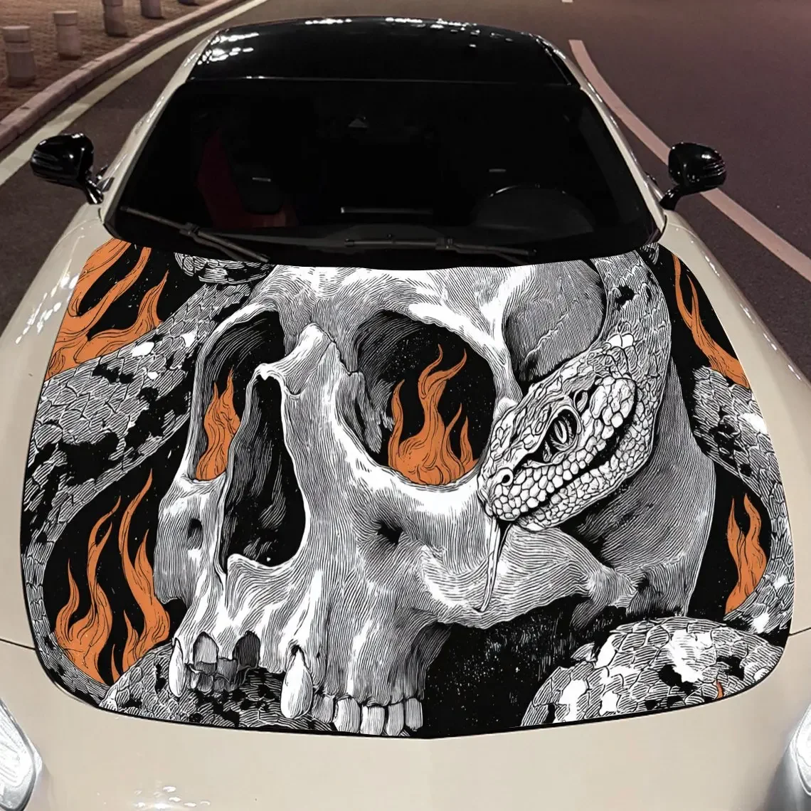 

Flame Skull Snake Car Hood Sticker PVC Self Waterproof Stick,Striking Auto Exterior Accessories Decor Protect Gift for Car Lover