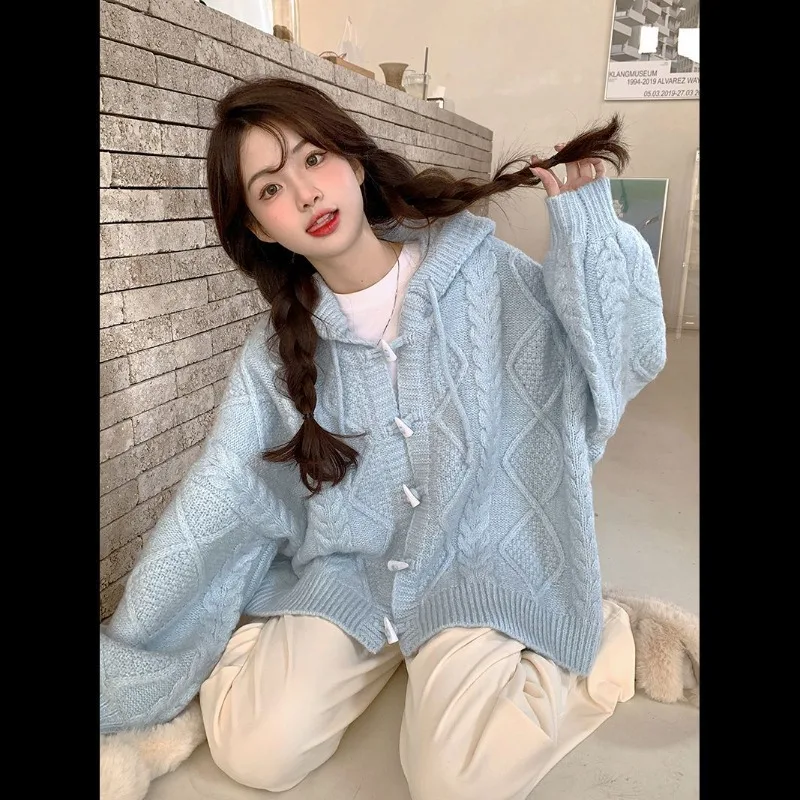 Autumn Winter Bull Horn Button Hooded Sweater Cardigan Women Blue Long Sleeve Knitted Coats Casual Loose Jackets New Tops Female