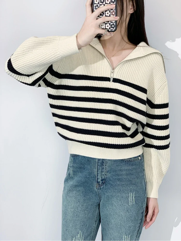 Women\'s Striped Sweater Zip Thick Fall Loose Turtleneck Knit Jumper Turn-down Collar Casual Oversize Fashion Women Sweaters 2024