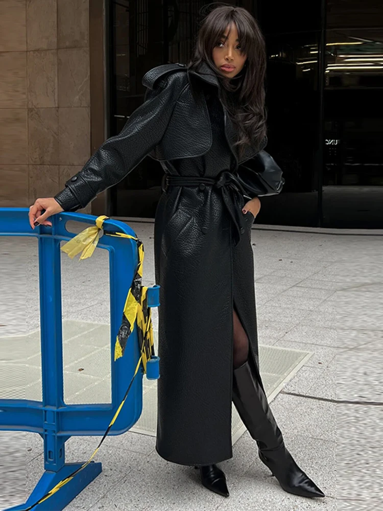 Vintage PU Leather Belts Long Jacket For Women Double Breasted
