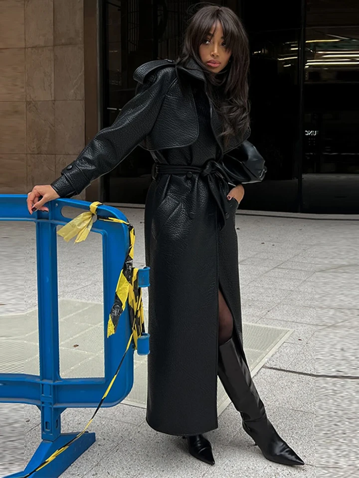値下げ不可 Ameri VINTAGE BELT FLARE LONG COAT Vintage PU Leather Belts Long Jacket For Women Double Breasted