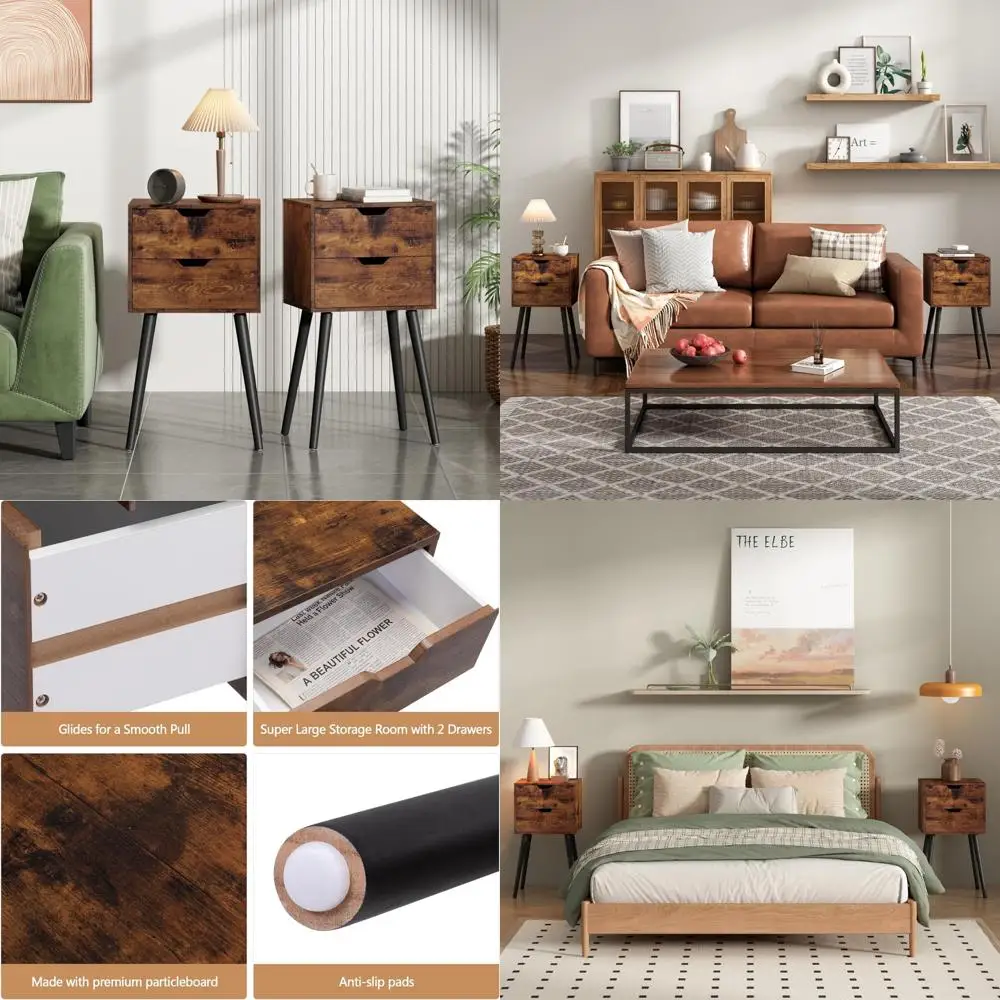 

Nightstands Set of 2 with Drawers, Bedside Tables featuring Solid Wood Legs, Large Storage Space, End Table for Bedroom