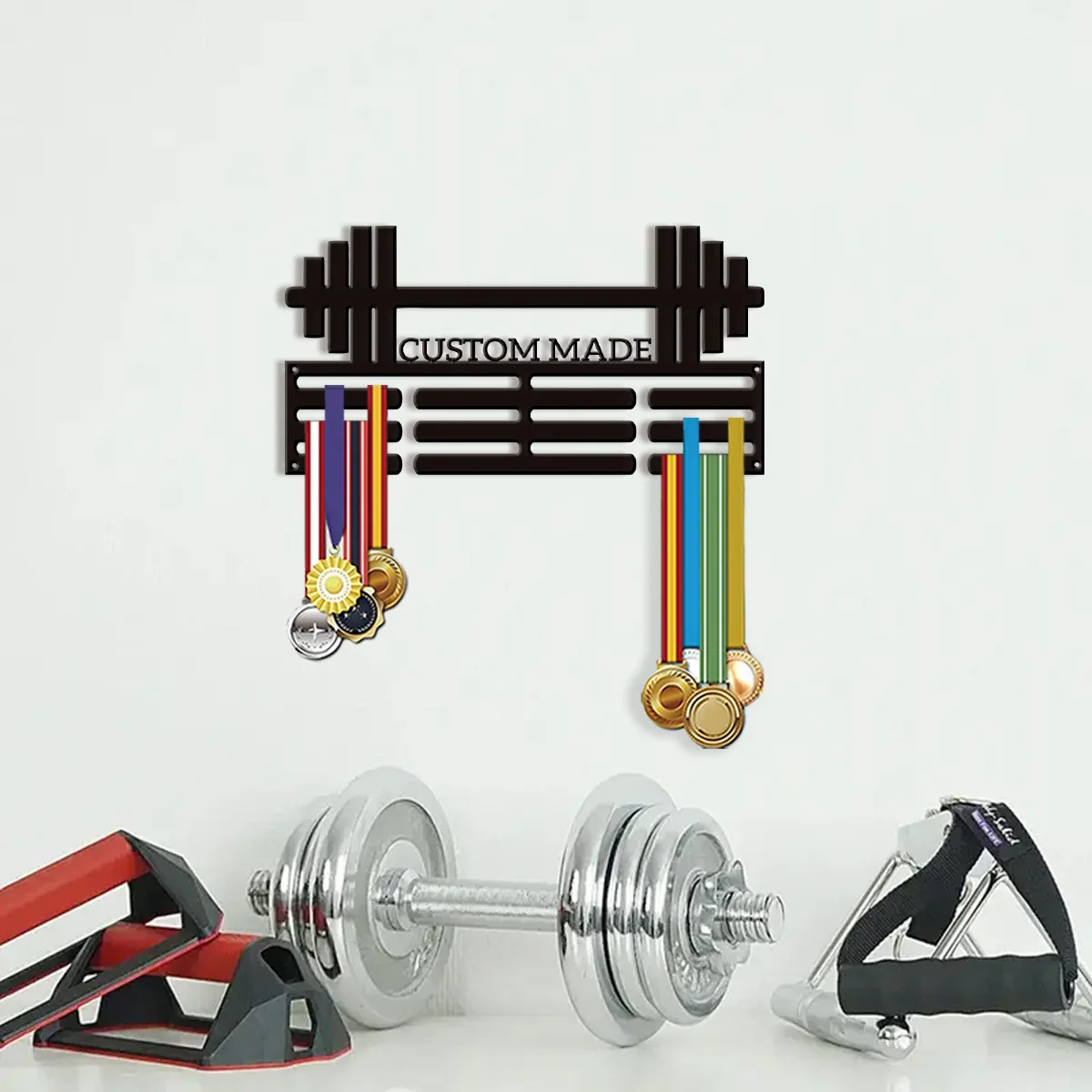 1 expositor de medallas personalizado para decoración, soporte de pared para barra de pesas, con capacidad para 50 medallas, trofeos deportivos, etc.