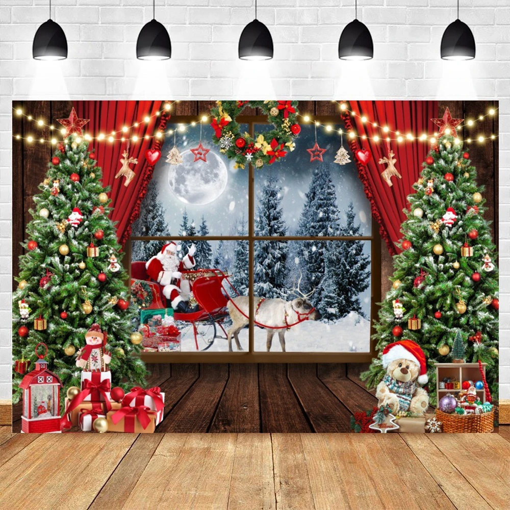 Christmas Photography Backdrop Xmas Tree Fireplace Wooden Window Baby Bear Gift Kids Party Decoration Background Photozone Props