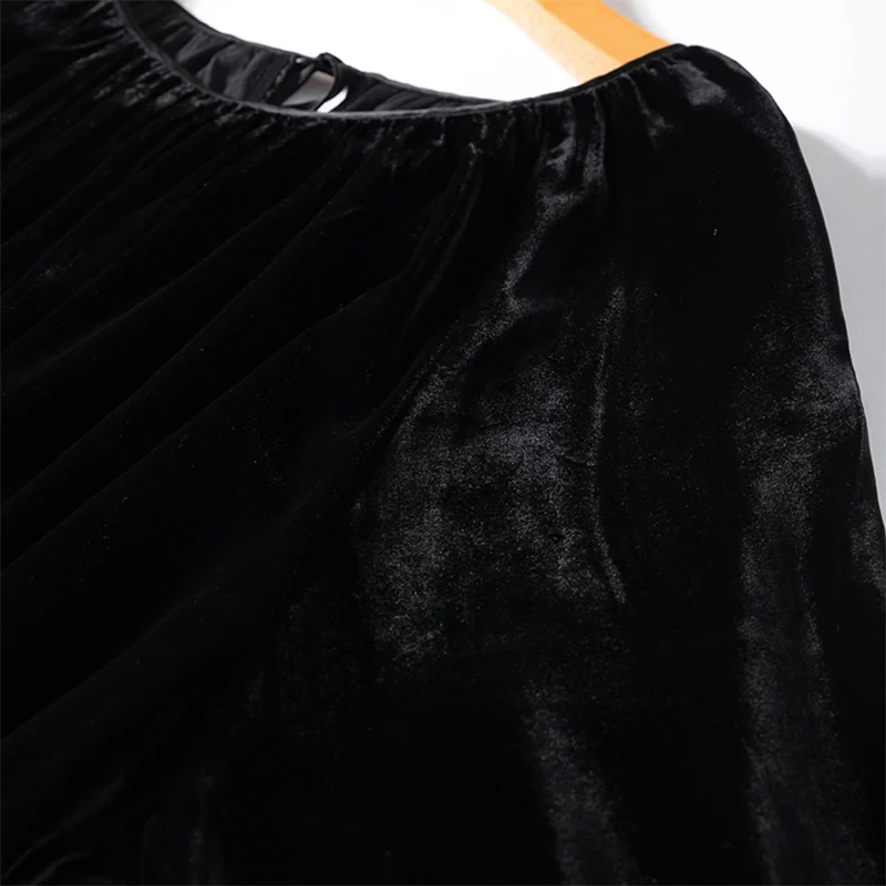 Women Silk Velvet Midi Dress Real Mulberry Silk Solid Color Black O Neck Lantern Sleeve Elegant Loose Long Dress M1051