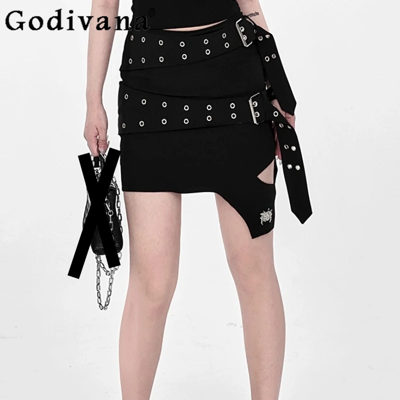 

Personalized Punk Spring Summer Irregular Double Belt Heavy Industry Metal Skirt Rock Girl A-line Black Fashion Versatile Skirts