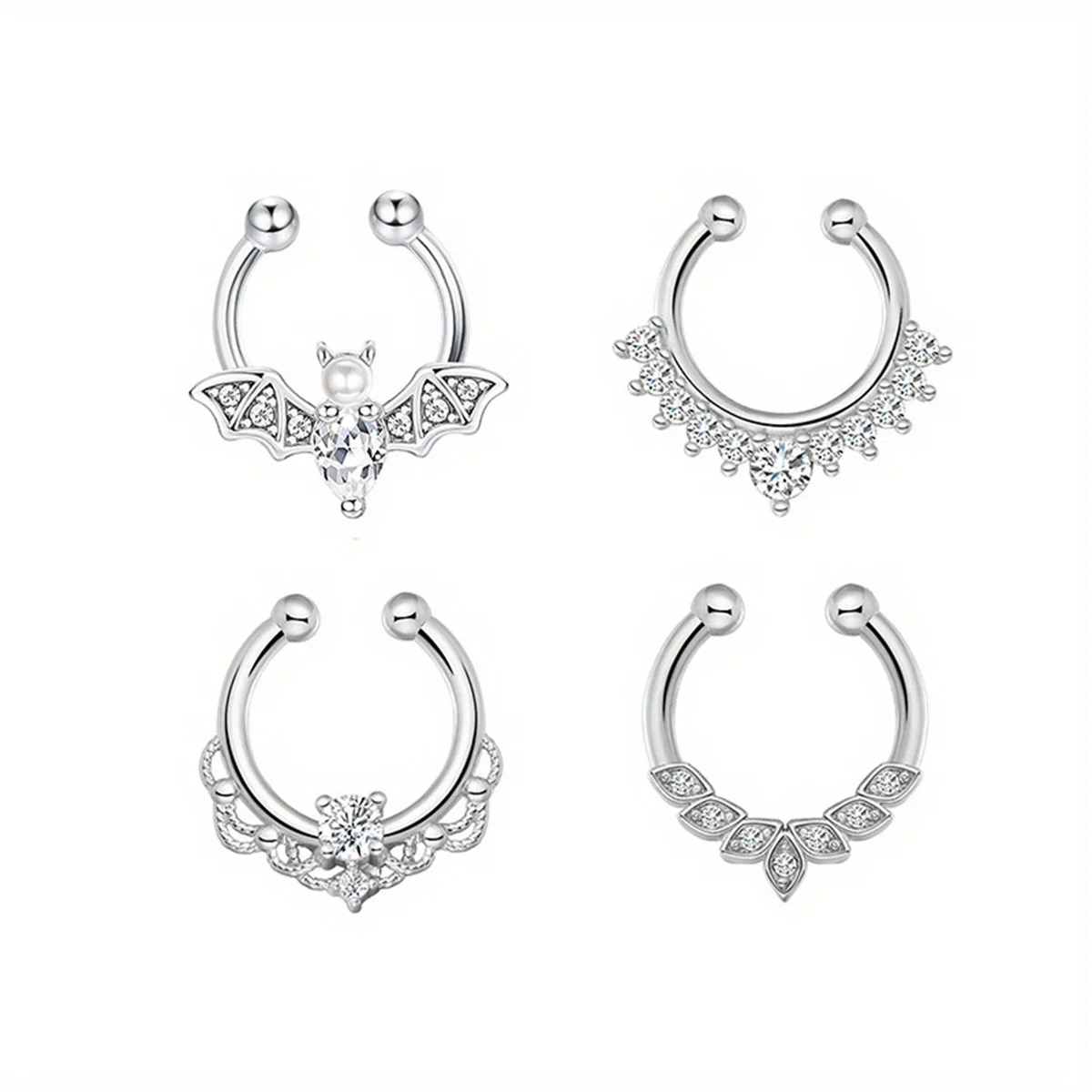 3/6pcs 16G 316L Stainless Steel Bat Fake Septum Ring,Non-Pierced Fake Nose Rings Clip On Nose Hoop Faux Septum Piercing Jewelry