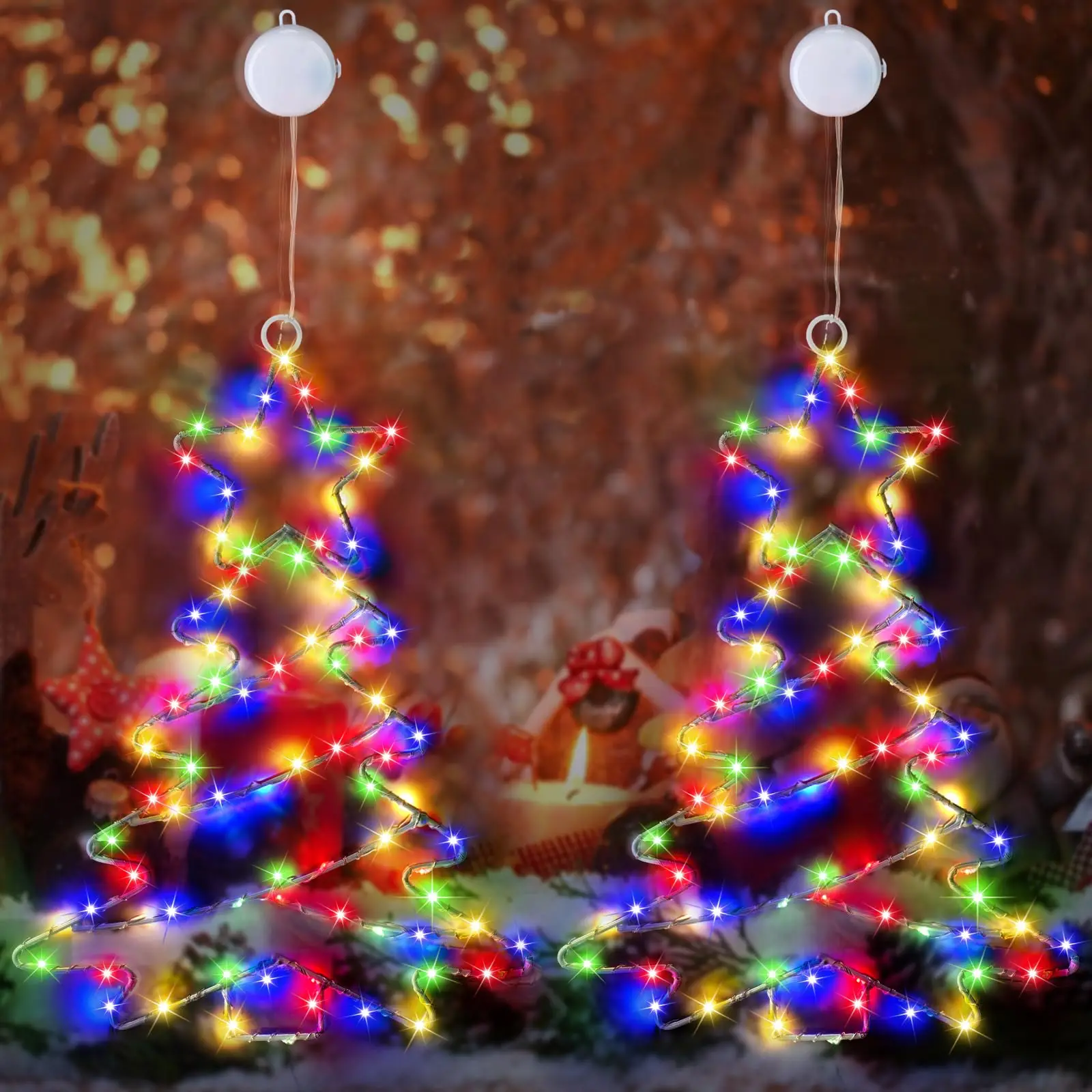 Christmas Tree Lights Battery Powered Metal Framed Hanging Christmas Window Fairy Light Decorations with Timer for Xmas New Year