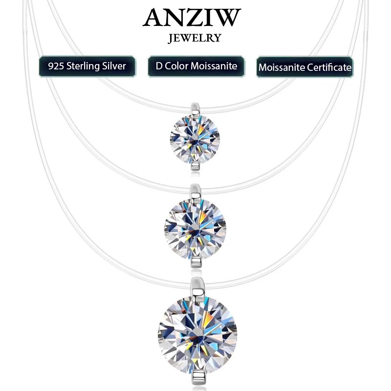 Anziw Trendy 3Ct 1Ct 0.5Ct 2Ct Moissanite Pendant Necklaces 925 Silver Adjustab…