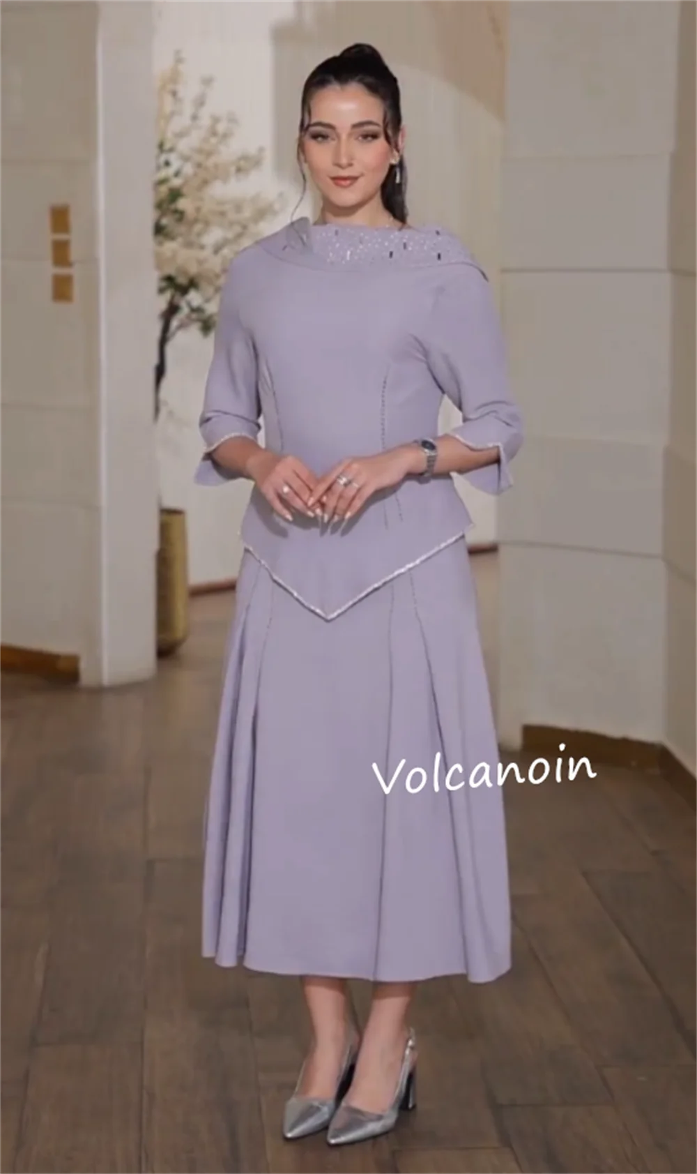 Customized Jersey Sequined A-line High Collar Midi Dresses Bespoke Occasion Party Elegant Simple Classic
