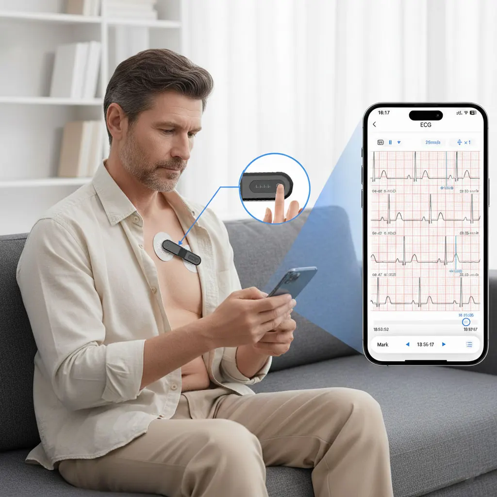ECG Dinámico Bluetooth, Holter ECG Portátil, Monitoreo Cardíaco Nocturno de 24 Horas con Análisis por IA y Registro de Datos