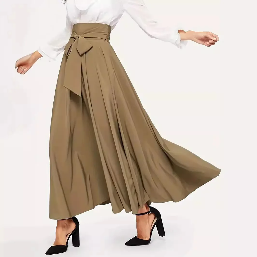 Jupe longue trapèze taille haute pour femmes, jupe transfrontalière en Polyester de couleur Pure avec ceinture sur le devant, Street Faion, printemps été