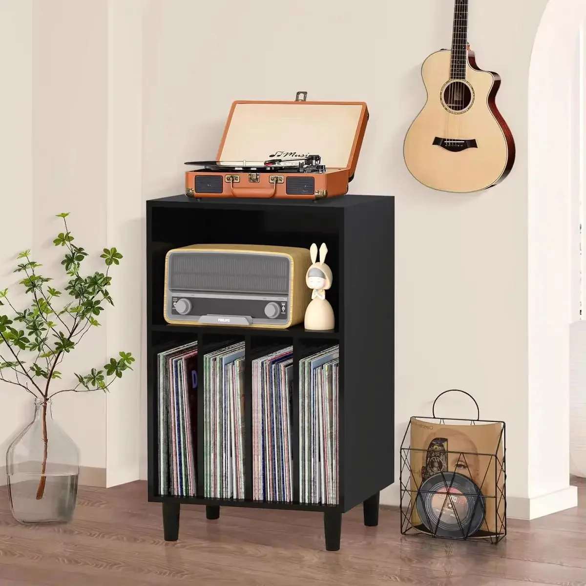 Vinyl Storage Cabinet Retro Wooden Magazine Bookcase Floor Record Player Vinyl Display Cabinet