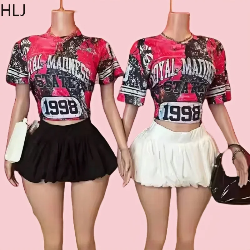 

HLJ Y2K Graphic Printing T-shirt And Puffy Mini Skirts Two Piece Sets Outfits Women Letter Trend 2pcs Suits Fashion Streetwear