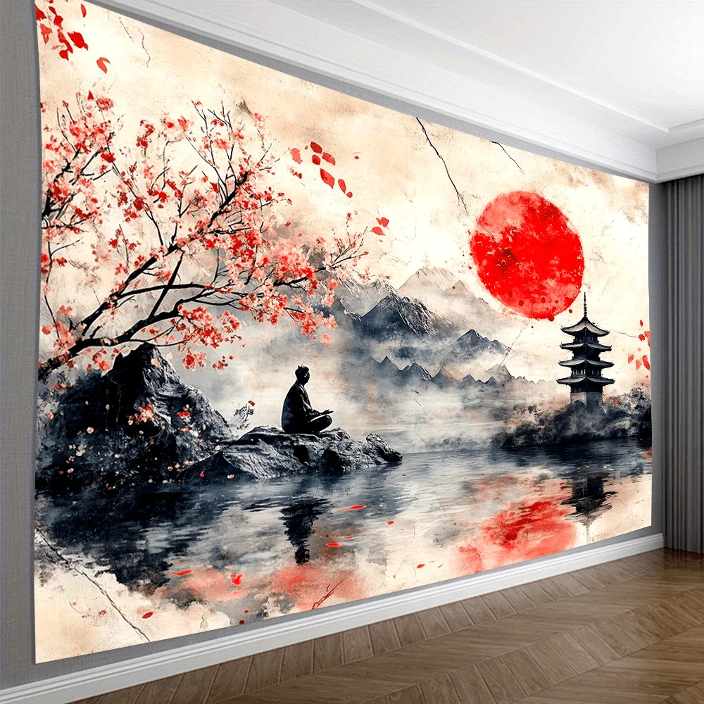 Vibrant 3D Visual Effect Lakeside Meditation Scene Tapestry - Stunning Polyester Wall Hanging with Vivid Colors and Intricate De