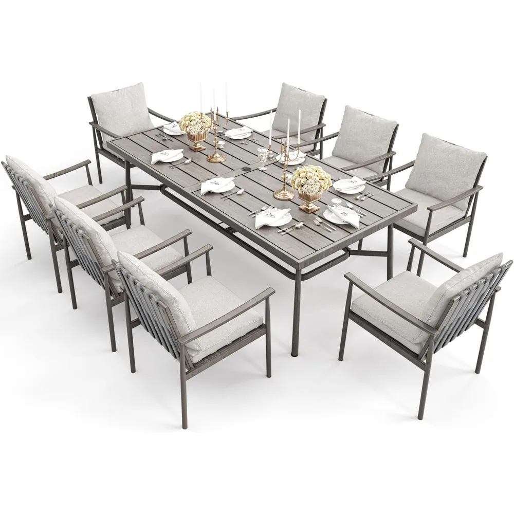 

9-Piece Patio Table and Chairs Set for 8, with Cushions, 8 Dining Chairs, 1 Large Rectangular Table,Aluminum Outdoor Dining Set