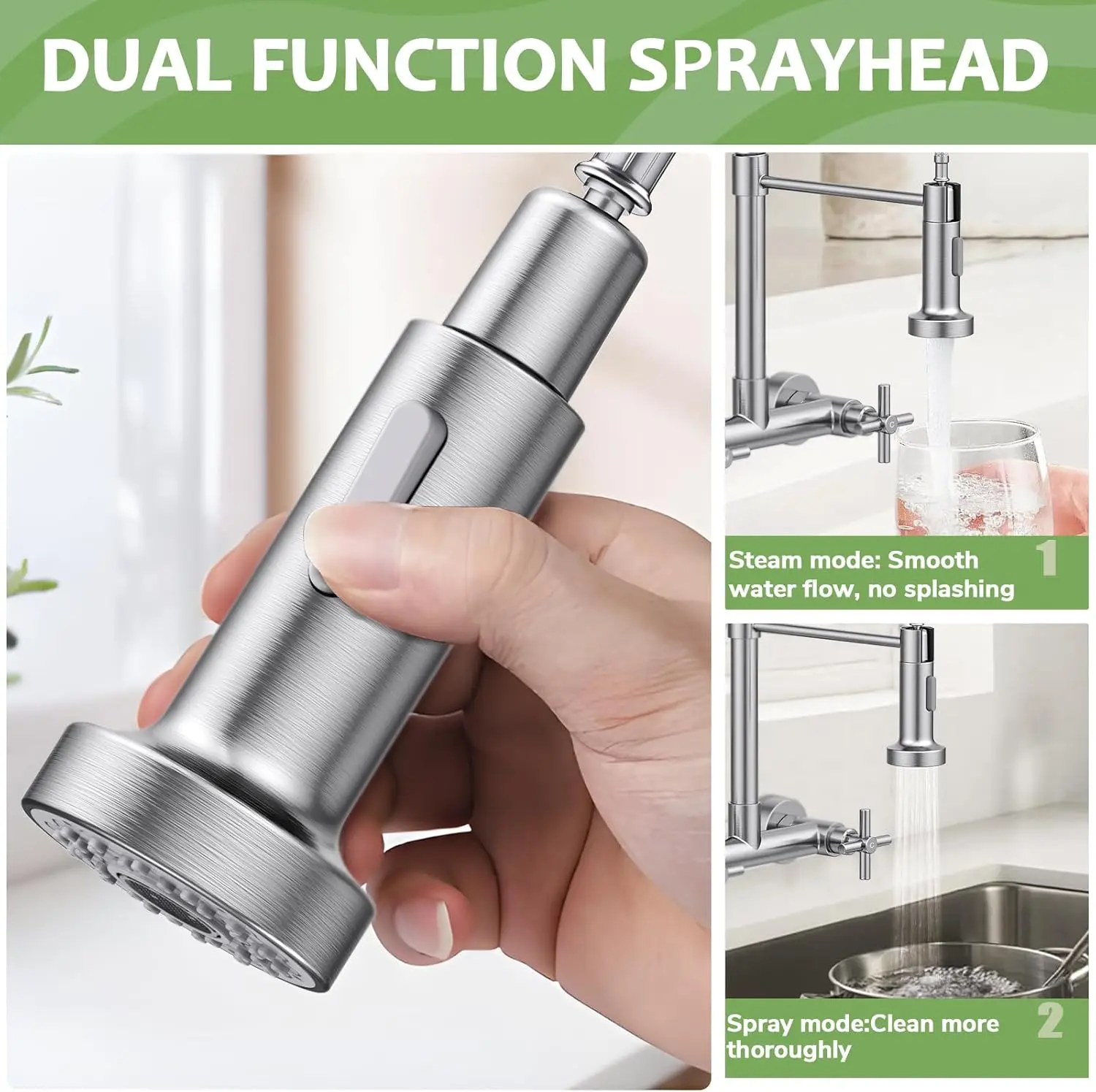 صنبور مطبخ مثبت على الحائط، نيكل مصقول، مقبض 8 بوصات مع بخاخ قابل للسحب للمطبخ والغسيل #3