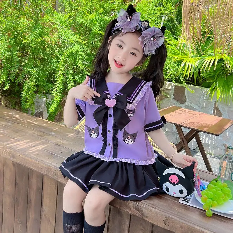 Girls Kuromi Jk Uniform Suit Kawaii Sanrioed Kids Short Sleeve Shirt Pleated Skirt Two Piece Set Summer Fashion Preppy Suit Gift