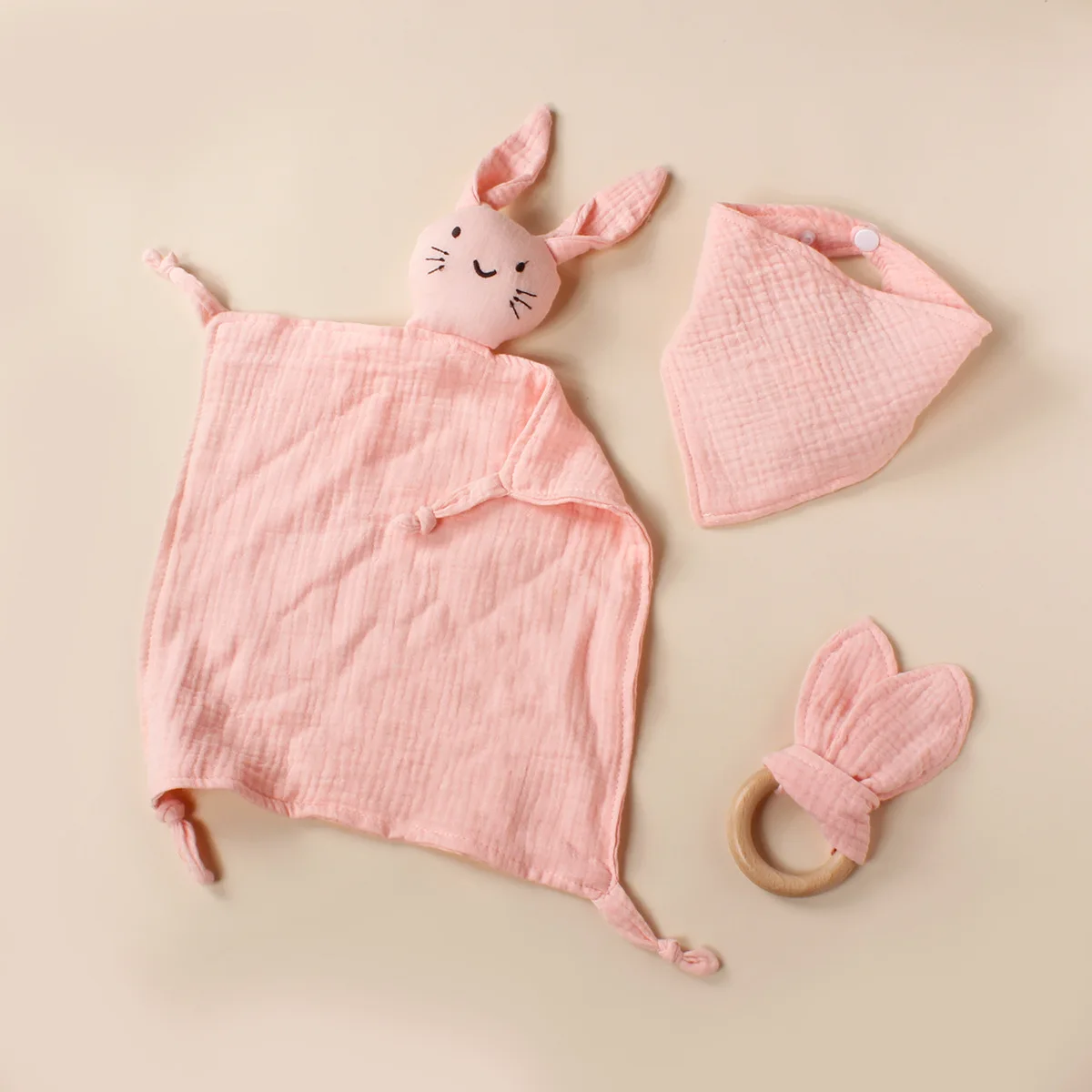 3pcs Cat Face Embroidered Square Scarf Triangular Scarf Rabbit Ear Wooden Ring Tie Set Baby's Comfortable Soft Drool Towel image 4