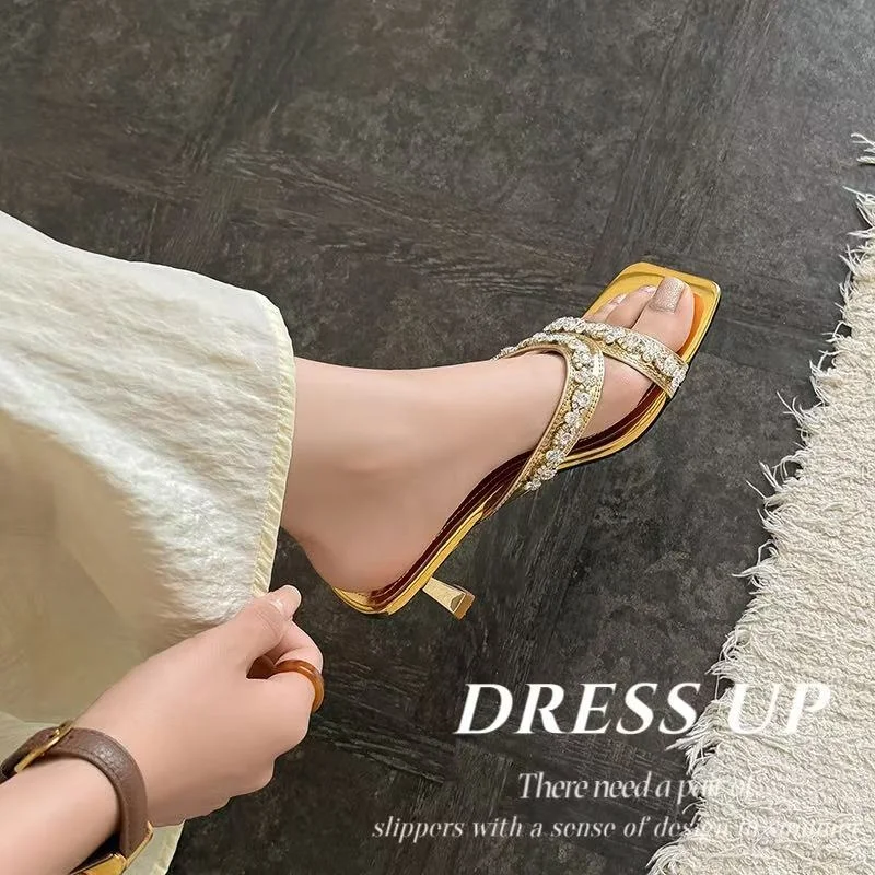 2026new summer women sandals natural leather plus size 22-29cm cowhide+sheepskin rhinestone strap mules high heel women slippers