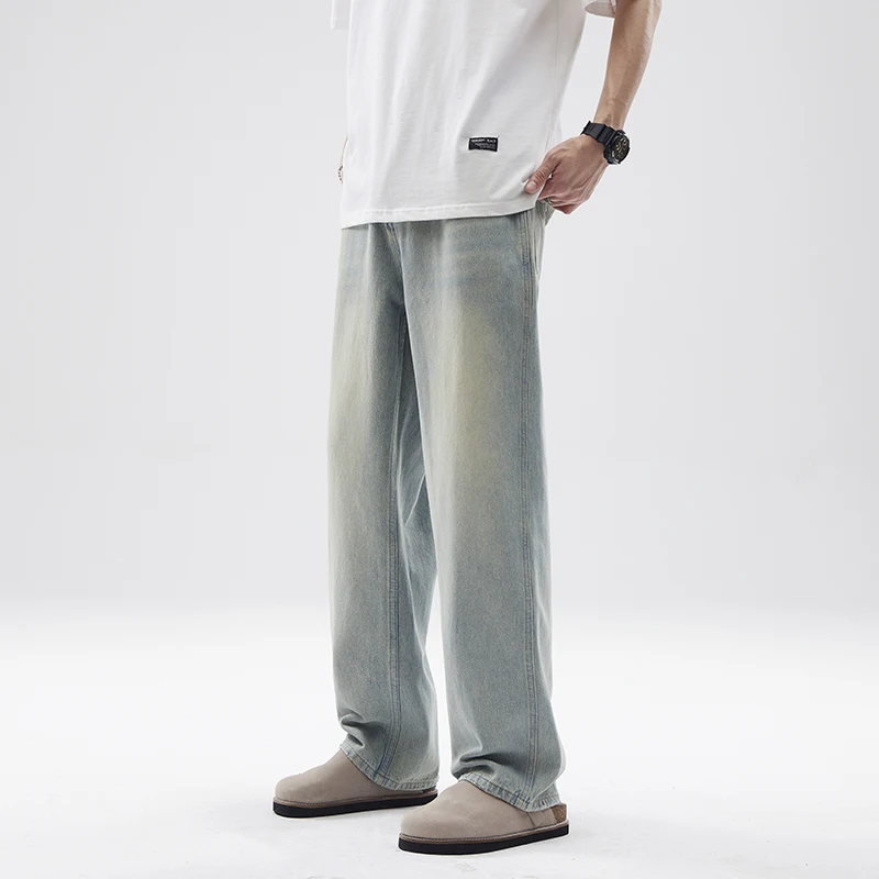 2024Spring and Summer American RetrocleanfitLight-Colored Jeans Men's Straight Loose Worn Looking Washed-out Long Pants Fashion
