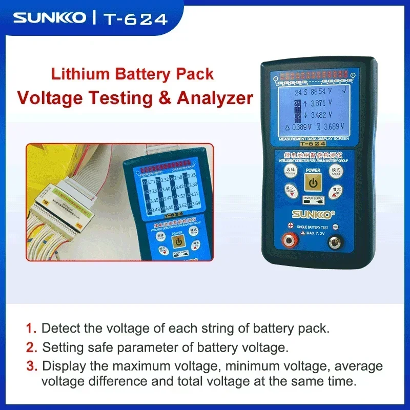 

New in stock SUNKKO T624 Lithium Battery Pack Tester 5A Active Equalization Board Suit Differential Pressure Intelligent Detecti