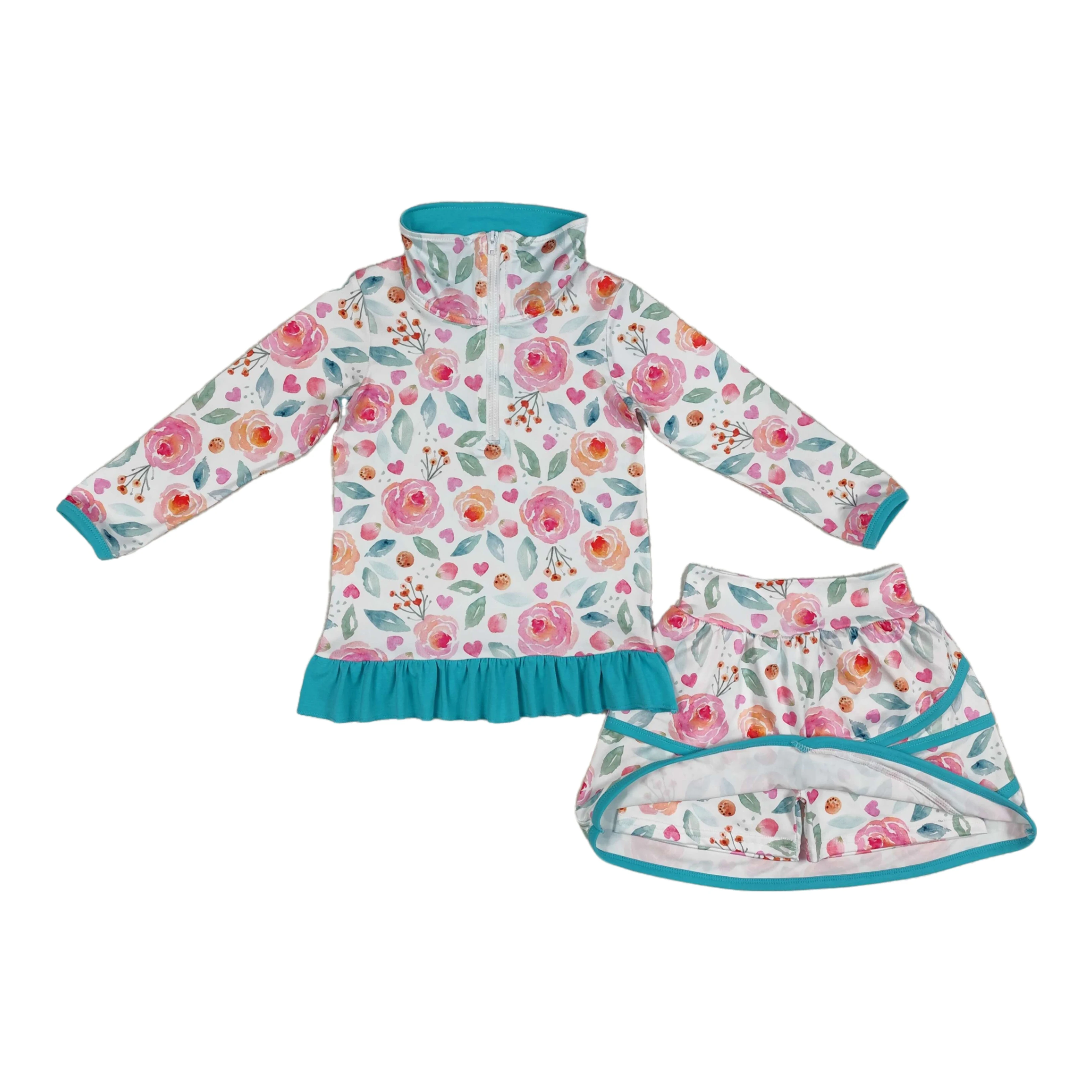 

Wholesale Baby Girls Long Sleeves Zipper Shirt Blue Flower Skirts Shorts Set Children Kids Clothes Toddler Floral Skorts Outfit