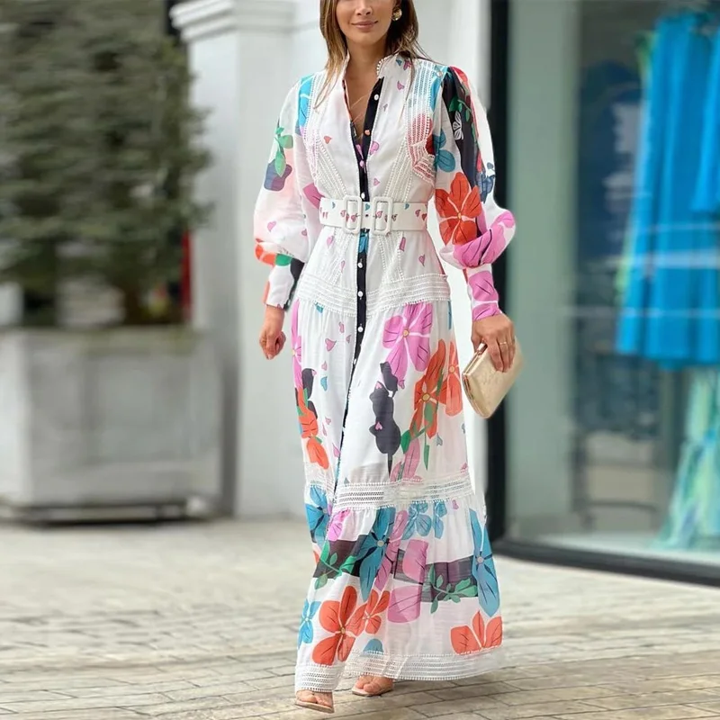 Casual Commute Maxi Dresses Fashion Lace Ruched Stitching Print Women Dress Ladies New High Street Stand Collar Long Shirt Dress