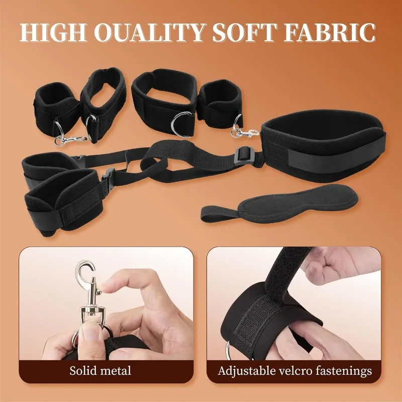 Sex Bondage Wrist Thigh Cuffs BDSM Set Sex Toys for Women Neck Restraints Adjustable Leg Handcuffs Collar Blindfold Bed SM Games