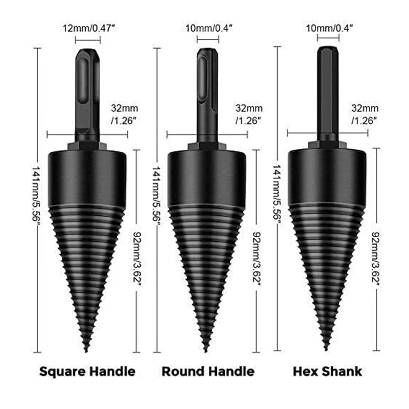 Imagem -02 - Twist Firewood Splitting Broca Divisor de Madeira Parafuso Cones Bit Quadrado Redondo Hex Shank Carpintaria 32 mm