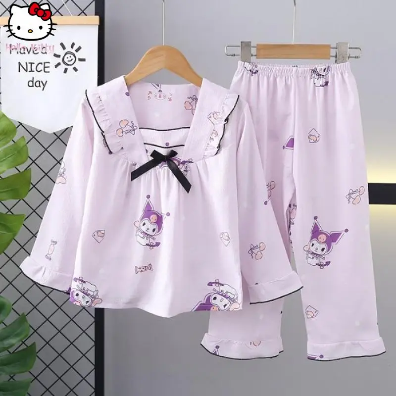 

Аниме Kawaii Girl Doll Collar My Melody Kuromi Bow Пижамный комплект с длинными рукавами Новый мультяшный пузырь Хлопок Princess Sanrio Домашняя одежда