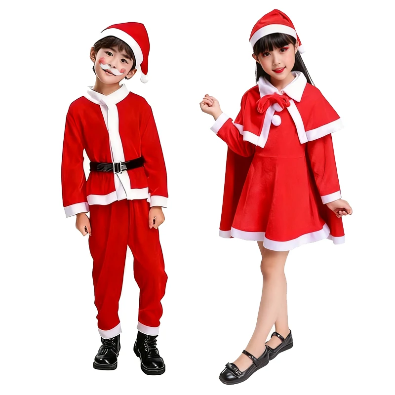 Children's Christmas Costumes Xmas Cosplay Dress Set Red Fashion Outfit Carnival Party Clothes Baby Boys and Girls and Children