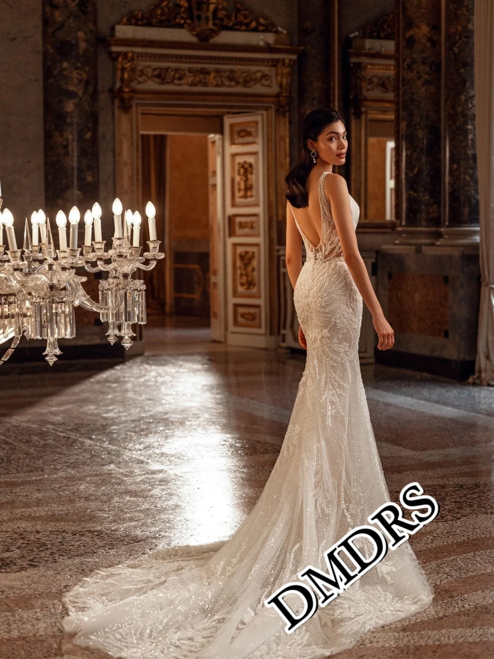 DMDRS Romantisches Langarm-Brautkleid, romantische A-Linie-Brautkleider mit V-Ausschnitt, bezaubernde, bodenlange Brautkleider mit Applikationen