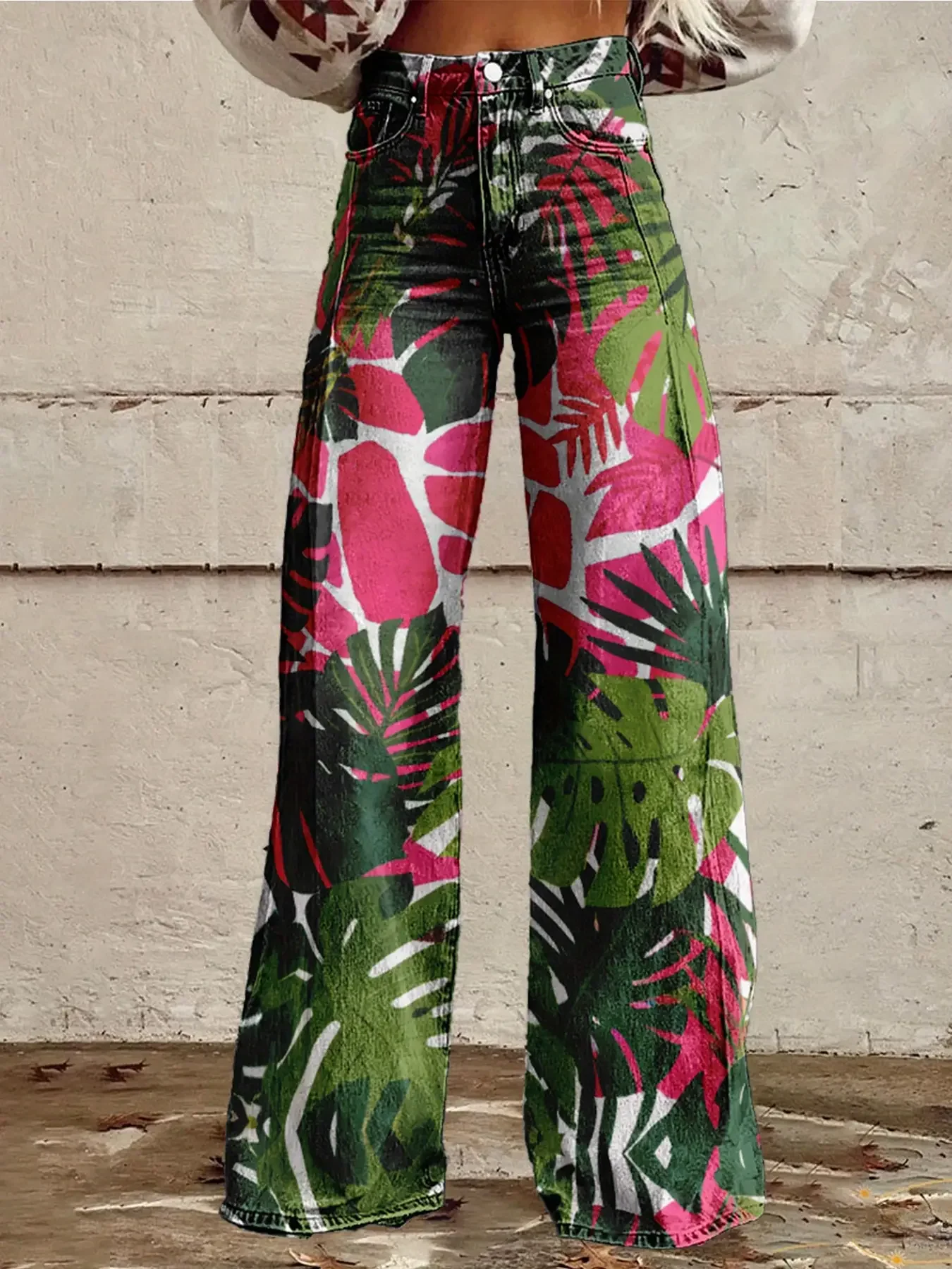 Ladies' retro bohemian style 3D geometric printed wide leg pants