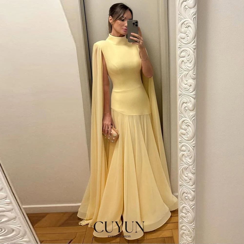 CUYUN Cream Yellow Evening Dresses Women High Collar Cape Sleeves Prom Gown Customized Patchwork Elegant Party Dresses image 2