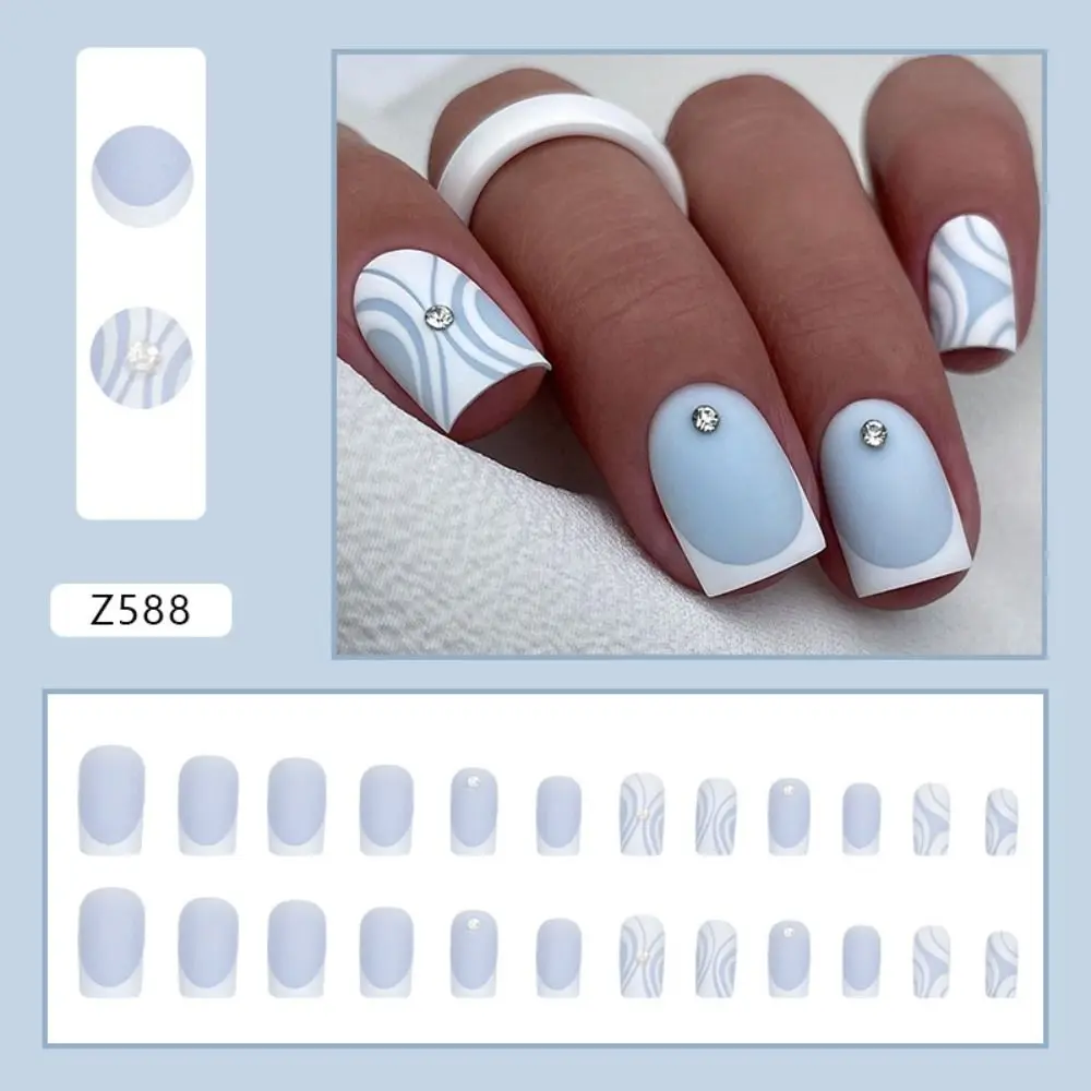 24 pçs destacável diy falso nials curto quadrado francês azul ondulado unhas falsas flor amor coração