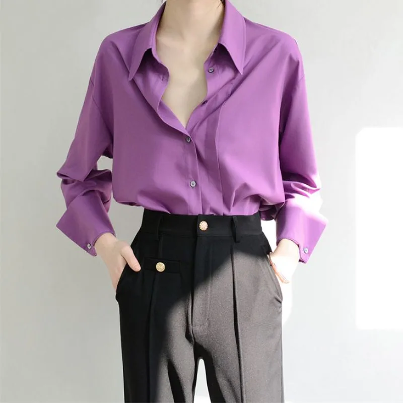 2023 New Autumn Fashion Simple Solid Button Design Sense Shirt Temperament Commuter Women's Loose and Unique Long Sleeves