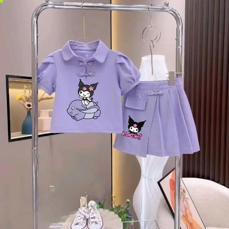 2Pcs Anime Sanrioed Girls Short Sleeve Skirt Outfit Hellokittys Kuromi Cute Jk Skirt Fashion Dress Kids Clothes Pleated Skirt