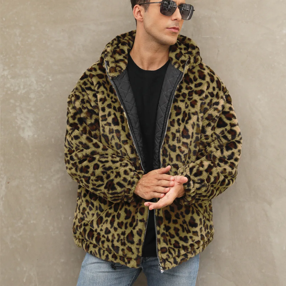Mens Faux Fur Leopard Print Jacket Hooded Thick Warm Winter Coat Plush Long Loose Fit Streetwear