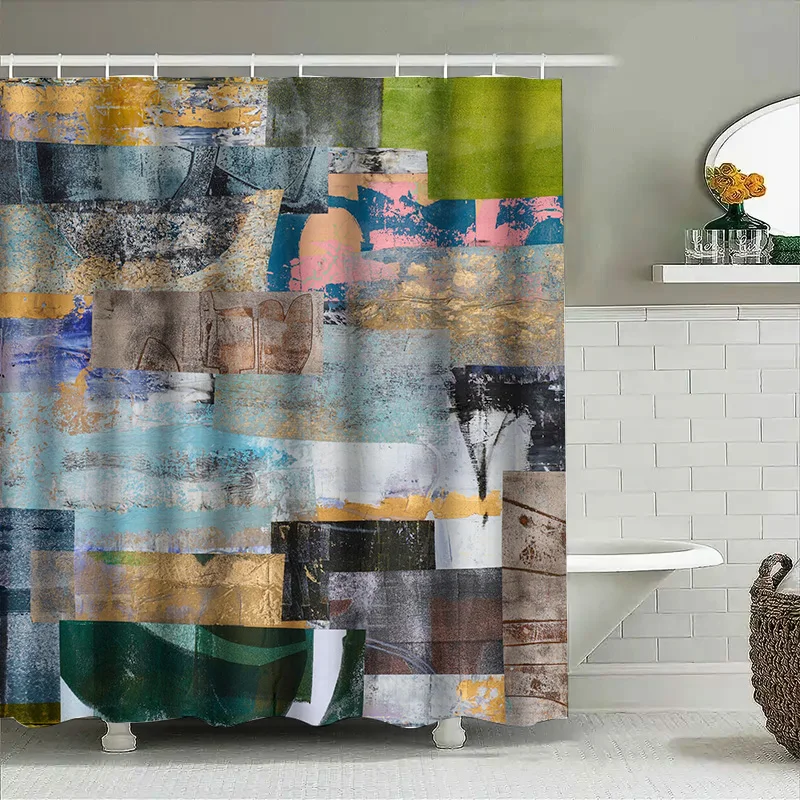 Modern Abstract Print Shower Curtain Fabric Waterproof Decor Home Bathroom Wall Hanging Rectangular Size Customizable Blue Green