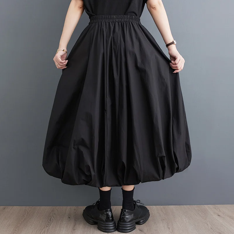 #3007 Spring Summer Black A-line Skirts Vintage High Waisted Pleated Skirt Women Pockets Loose Double Layer Midi Skirts Ladies