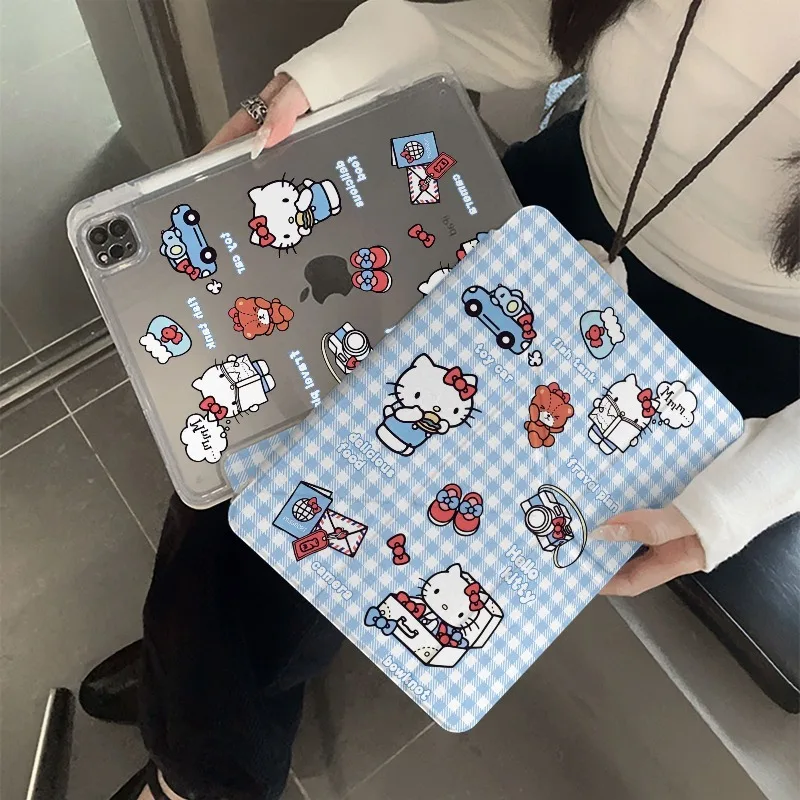 

Kawaii Hello Kitty Blue Checkerboard IPad Cover for IPad 11th A16 10th 10.9in Air4/5 Air6 Mini7 8.3in Shockproof Protective Case