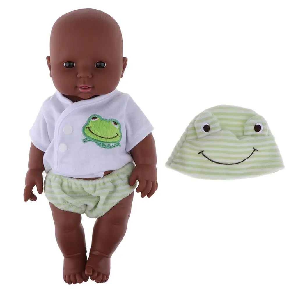 30cm Real Life Newborn Doll Vinyl African Newborn Infant in Clothes Green