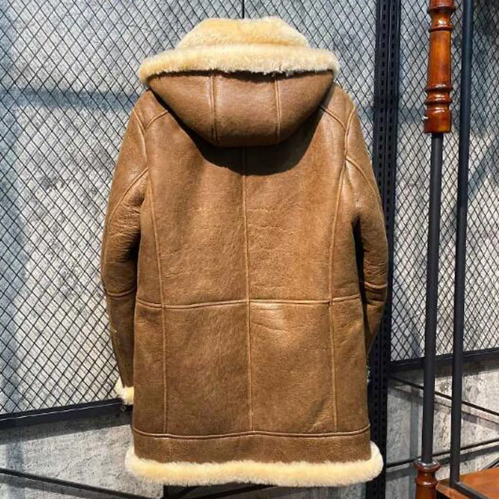 Denny&Dora Mens Sheepskin Coat - Removable Hooded Shearling Coat, Genuine Shearling Jacket for Men