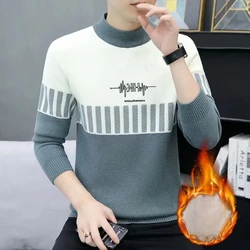 Autumn Winter Men's Clothing Sweater Knitted Men's Clothing Geometric Screw Thread Half High Collar Casual Contrast Color Tops