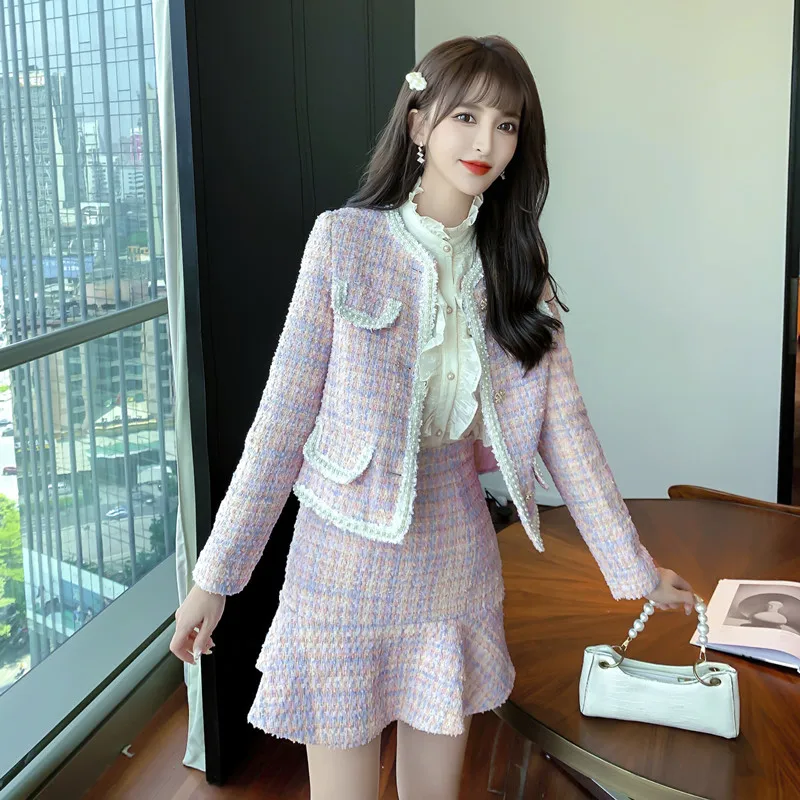 Spring Autumn Small Fragrance Tweed Two Piece Set Women Short Jacket Coat Crop Top+ Skirt Suits Korean 2 Piece Sets Women Outfit