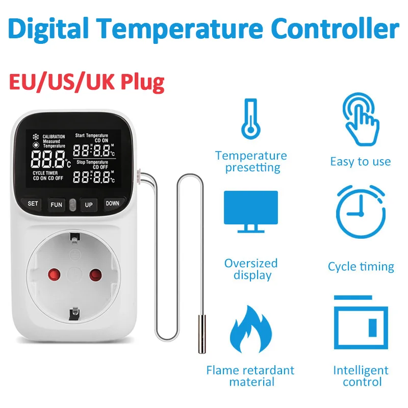 Cyfrowy wyświetlacz LCD Termostat Regulator temperatury Gniazdo 16A Wtyczka UE/USA/UK Precyzyjne gniazdo z czujnikiem czasowym