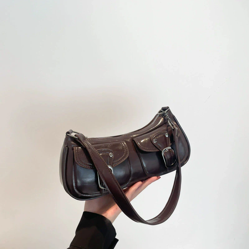 Vintage Schnallen-Dekor Damen Schultertaschen Retro PU-Leder Halbmondtasche Tägliche Pendler-Handtasche für Dates und Partys – Detail 17